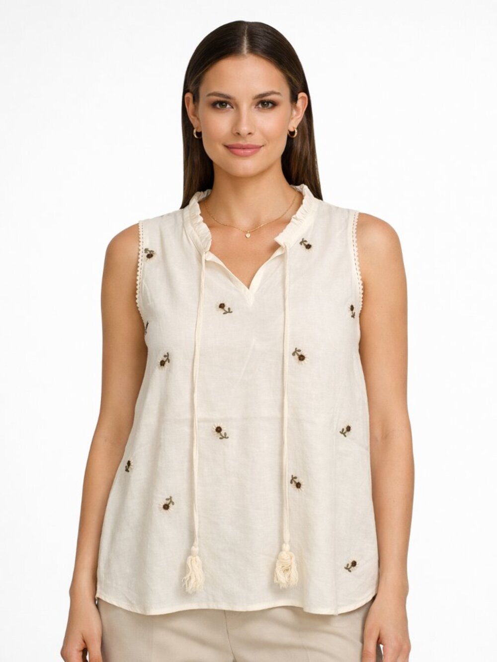 Modern Cream Embroidered Tassel Blouse